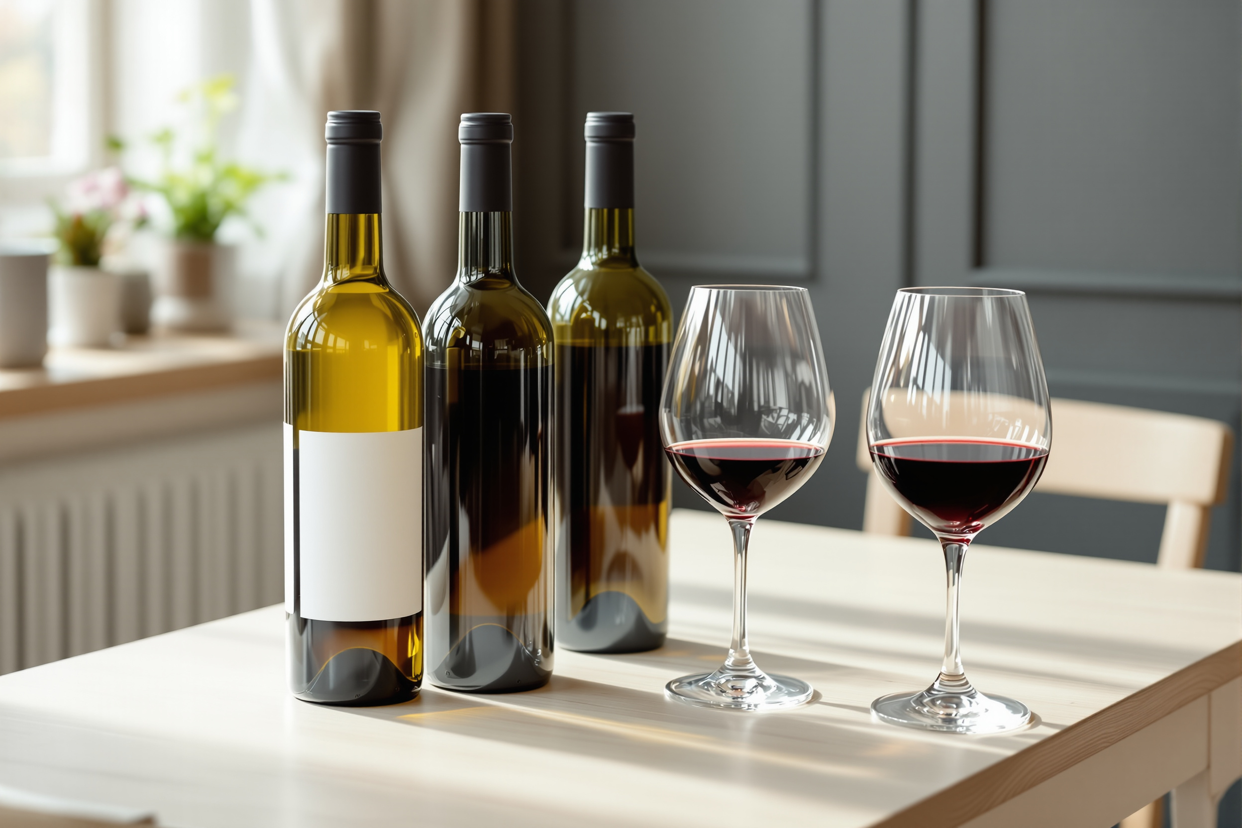 Wine bottles and glasses on a table