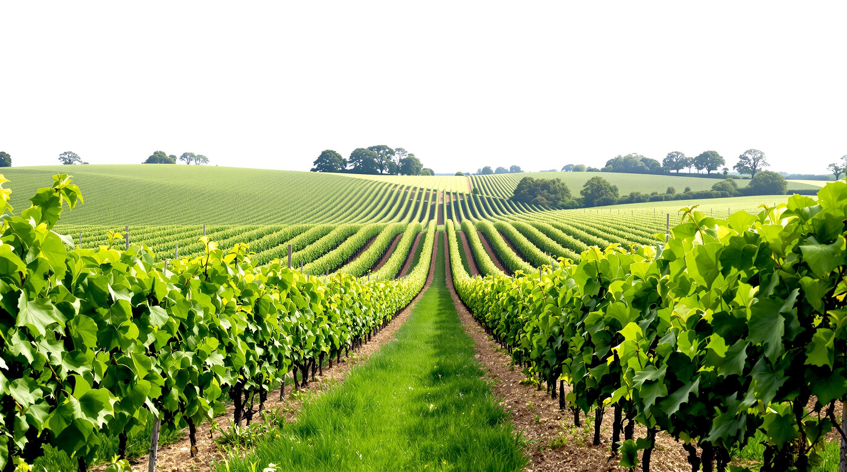Rows of vines on an English hillside in late summer