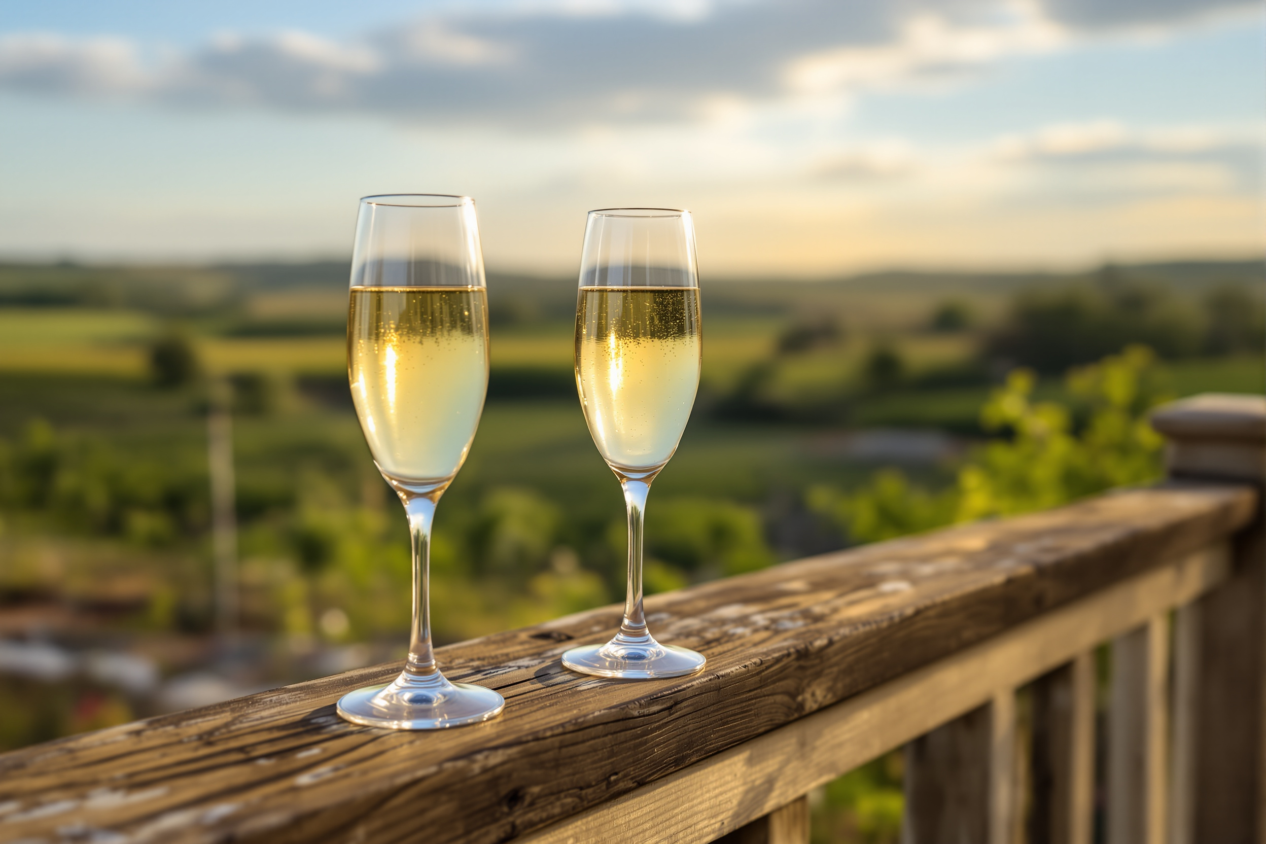 Sparkling wine overlooking a vineyard