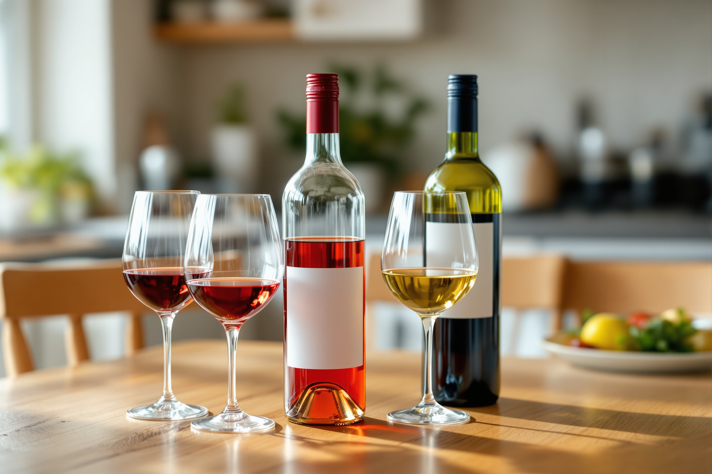 Red and white wine poured at home